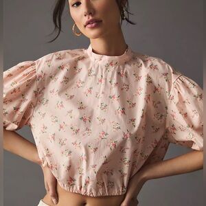 By Anthropologie Cropped Bubble-Sleeve Blouse in Pink